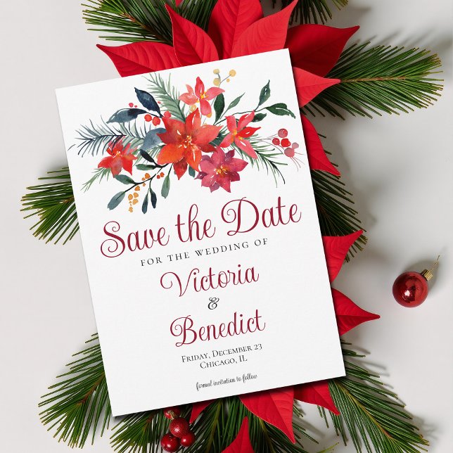 Elegant Red Christmas Poinsettia Save the Date Invitation (Creator Uploaded)