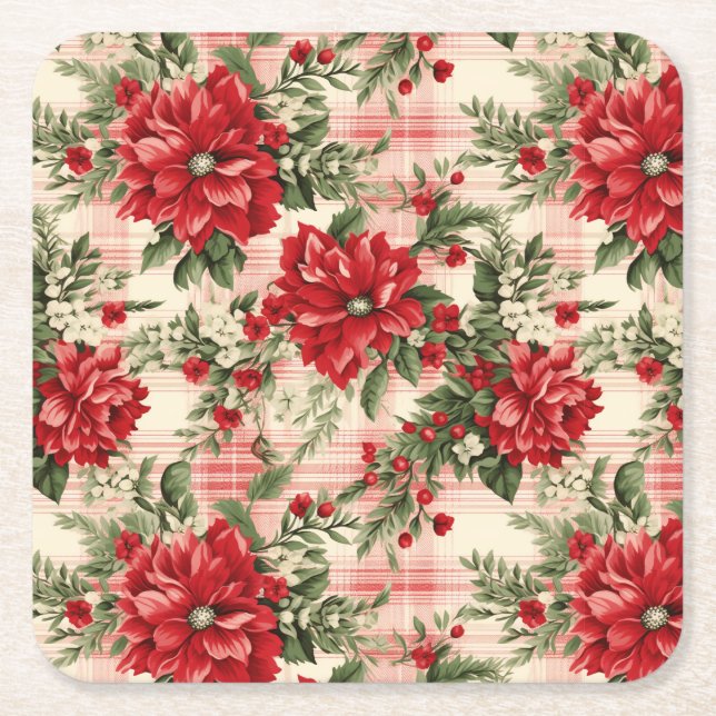 Elegant Red Christmas Poinsettia  Square Paper Coaster (Front)