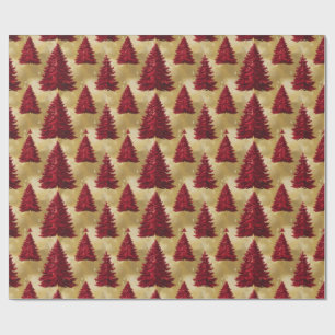 Elegant Red Christmas tree Gold merry Xmas Patter Wrapping Paper