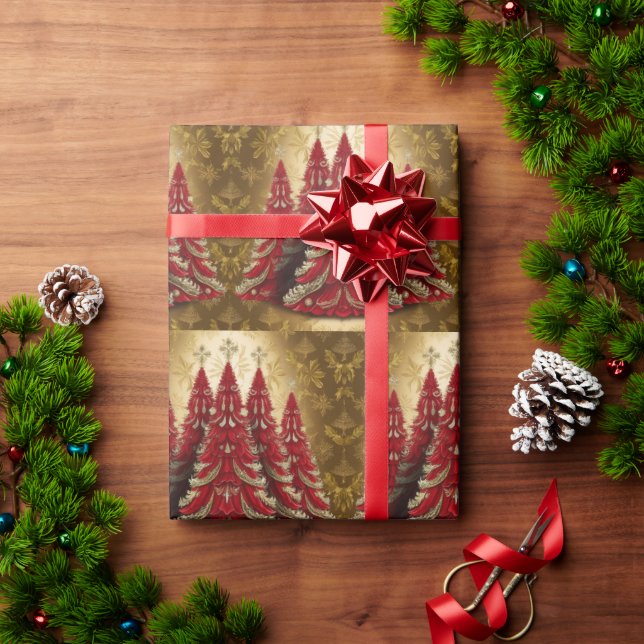 Elegant Red Christmas tree Gold merry Xmas Pattern Wrapping Paper (Holiday Gift)