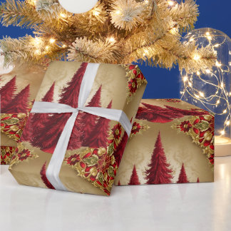 Elegant Red Christmas tree Gold merry Xmas Pattern Wrapping Paper