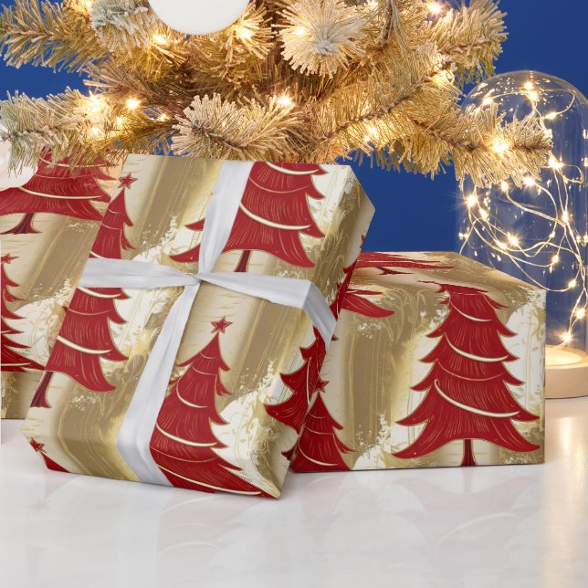Elegant Red Christmas tree Gold merry Xmas Pattern Wrapping Paper (Holidays)