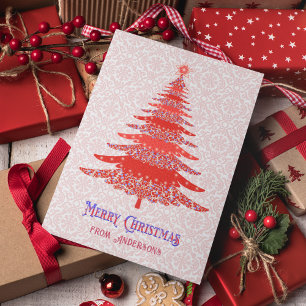 Elegant Red Christmas Tree Personalised Snowflake  Holiday Card