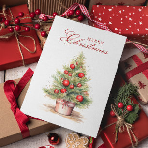 Elegant Red Christmas Tree Watercolor Custom Photo Holiday Card