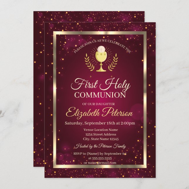 Elegant Red Confetti First Holy Communion Invitation (Front/Back)