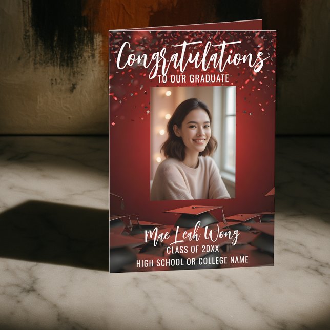 Elegant Red Confetti & Graduation Caps with Photo Card (Creator Uploaded)