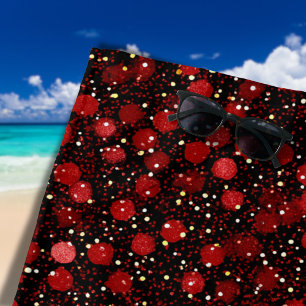 Elegant Red Confetti on Black Glitter Style Beach Towel