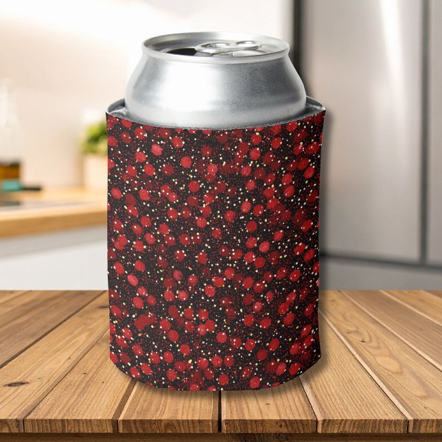 Elegant Red Confetti on Black Glitter Style Can Cooler (Creator Uploaded)