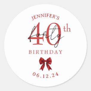 Elegant Red Coquette Bow 40th Birthday Party  Classic Round Sticker