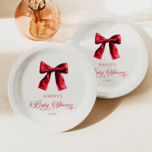 Elegant Red Coquette Bow Baby Shower Paper Plate