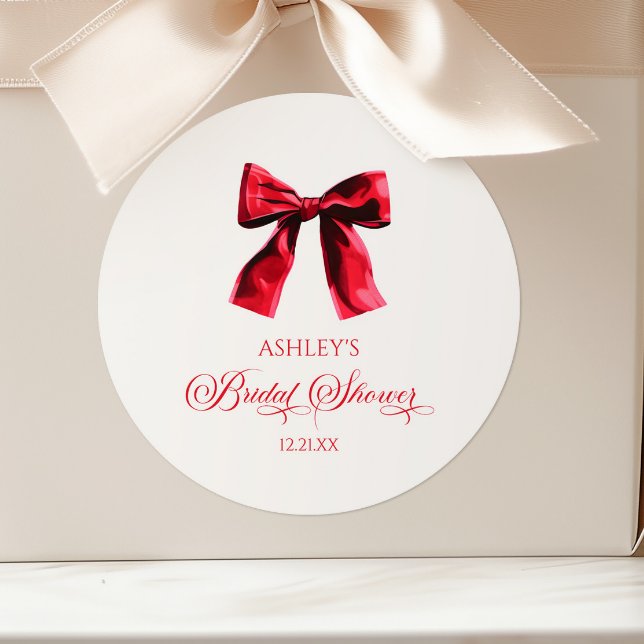Elegant Red Coquette Bow Bridal Shower Classic Round Sticker (Creator Uploaded)