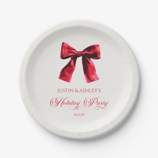 Elegant Red Coquette Bow Holiday Party Paper Plate (Front)