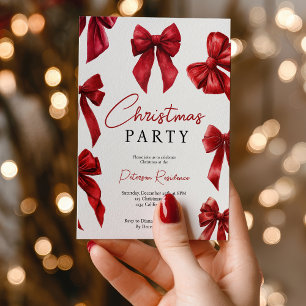 Elegant Red Coquette Bows Christmas Party Invitation