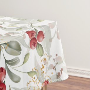 Elegant Red Cranberry Botanical Branches Christmas Tablecloth