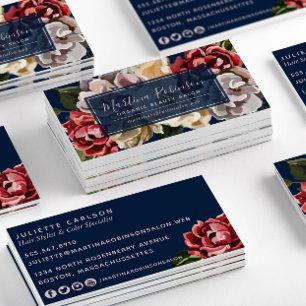 Elegant Red Cream Flowers on Navy Blue Business Card