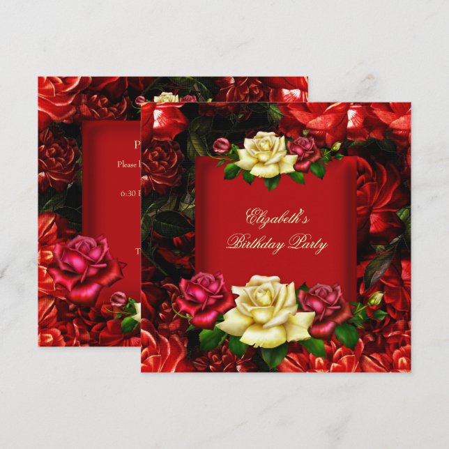 Elegant Red Cream Gold Flowers Birthday Party 2 Invitation (Front/Back)