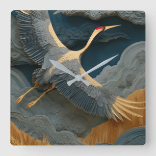 Elegant Red-Crowned Crane Wall Clock – 3D Relief