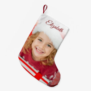 Elegant Red Custom Name Photo Small Christmas Stocking