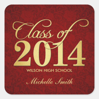 Elegant Red damask and gold Class of 2014 Square Sticker