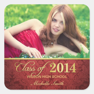 Elegant Red damask and gold Class of 2014 Square Sticker