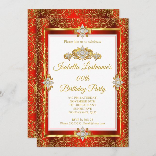 Elegant Red Damask Gold White Birthday Party Invitation (Front/Back)