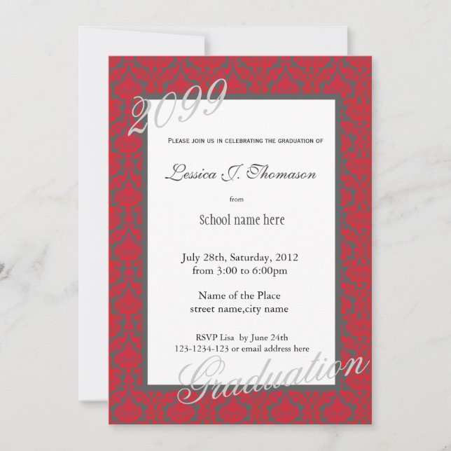 Elegant red damask graduation party invitation (Front)