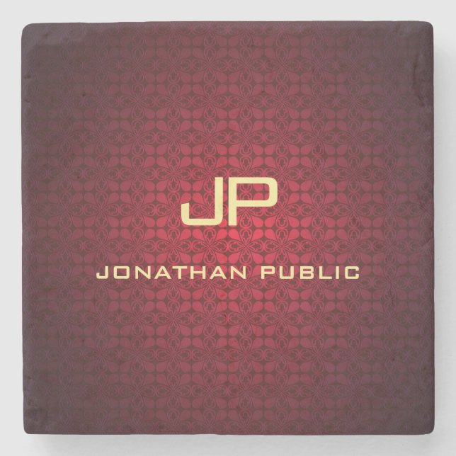Elegant Red Damask Monogram Nostalgic Template Stone Coaster (Front)