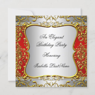 Elegant Red Damask Silver Gold Birthday Party Invitation