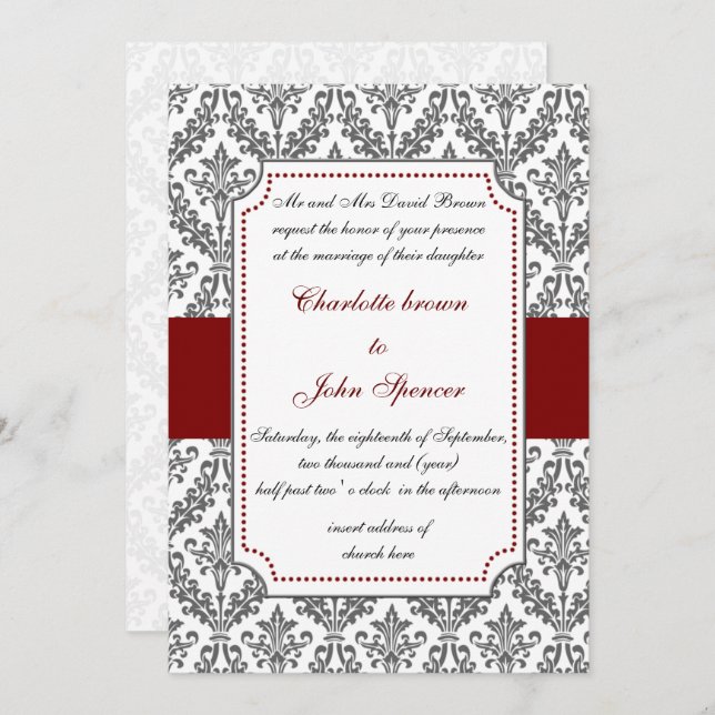 elegant red ,damask wedding invitation (Front/Back)