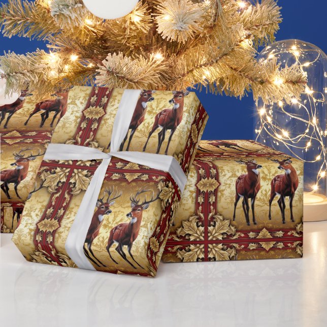 Elegant Red Deer Moose Gold merry Xmas Pattern Wrapping Paper (Holidays)