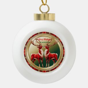 Elegant Red Deer Moose Gold Snow merry Xmas party Ceramic Ball Christmas Ornament