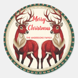Elegant Red Deer Moose Gold Snow merry Xmas party Classic Round Sticker