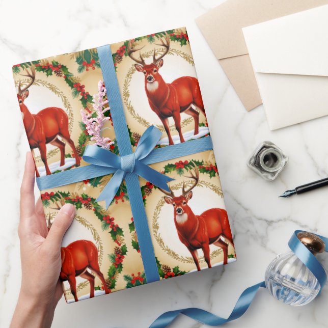 Elegant Red Deer Moose Gold Snow merry Xmas Patter Wrapping Paper (Gifting)