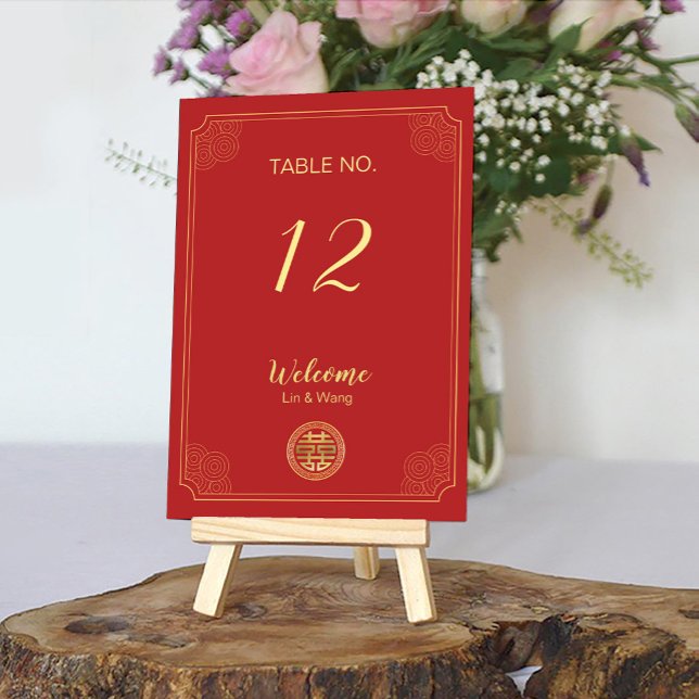 Elegant Red Double Happiness Chinese Wedding Table Number (Creator Uploaded)