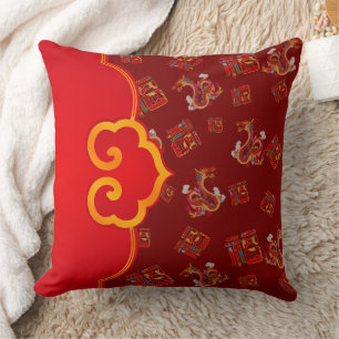 Elegant Red Dragon Chinese New Year Lucky Symbol 福 Cushion