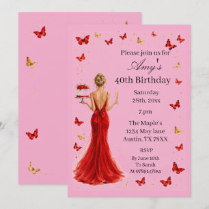  Elegant Red dress & butterflies 40th Birthday   Invitation