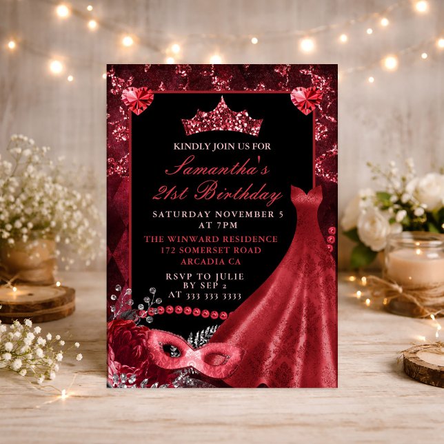 Elegant Red Dress Masquerade Birthday Invitation (Creator Uploaded)