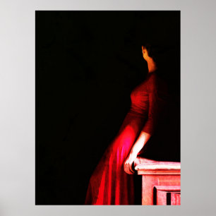 Elegant Red Dress Mysterious Woman in Shadows Poster