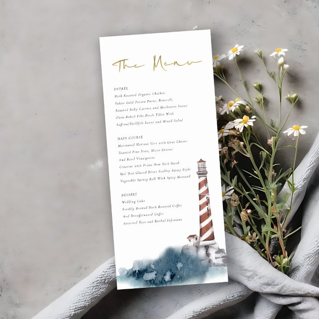 ELEGANT RED DUSKY BLUE LIGHTHOUSE SEA WAVE WEDDING MENU (Creator Uploaded)