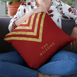 Elegant Red Family Name Chevron Pattern Cushion
