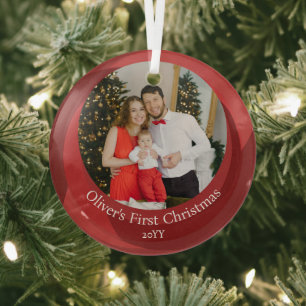Elegant Red Family Photo Baby's First Christmas Glass Tree Decoration