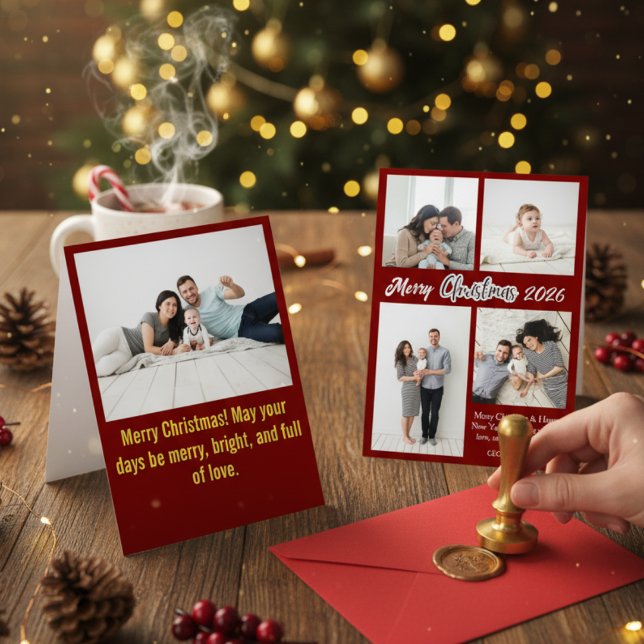 Elegant Red Family Photo Collage Christmas Holiday Card (Creator Uploaded)