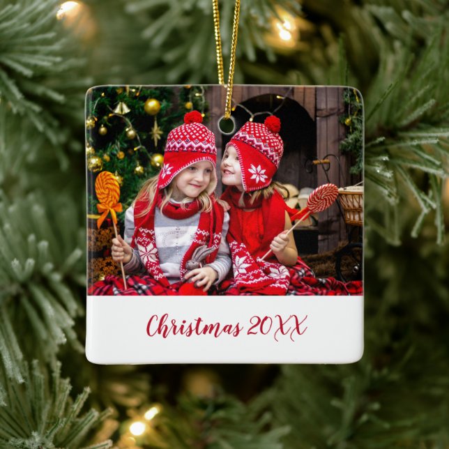 Elegant Red Family Photo Modern Ceramic Ornament (Tree)
