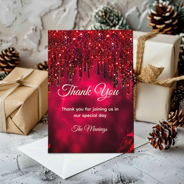Elegant red faux glitter drips thank you card (Creator Uploaded)