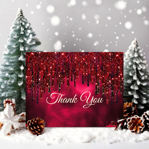Elegant red faux glitter drips thank you card