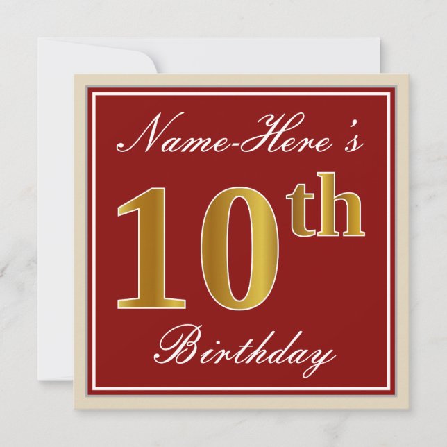 Elegant, Red, Faux Gold 10th Birthday; Custom Name Invitation (Front)