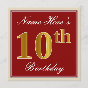 Elegant, Red, Faux Gold 10th Birthday; Custom Name Invitation