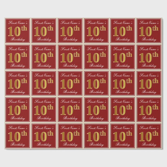 Elegant, Red, Faux Gold 10th Birthday; Custom Name Wrapping Paper (Flat)