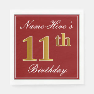 Elegant Red, Faux Gold 11th Birthday + Custom Name Napkin
