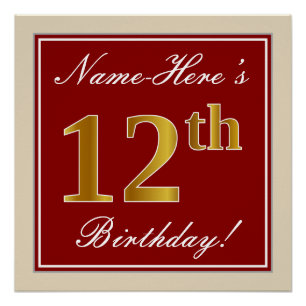 Elegant, Red, Faux Gold 12th Birthday; Custom Name Poster